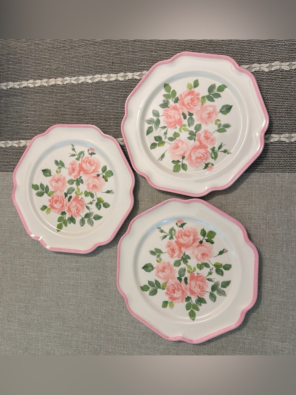 Laura Ashley Pink Rose Floral Melamine Salad Plates 8.5" Scalloped Set of 3